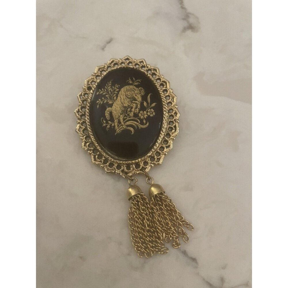 Vintage Aries Ram Black Cab Goldtone Brooch Pendant with Tassels Estate Jewelry